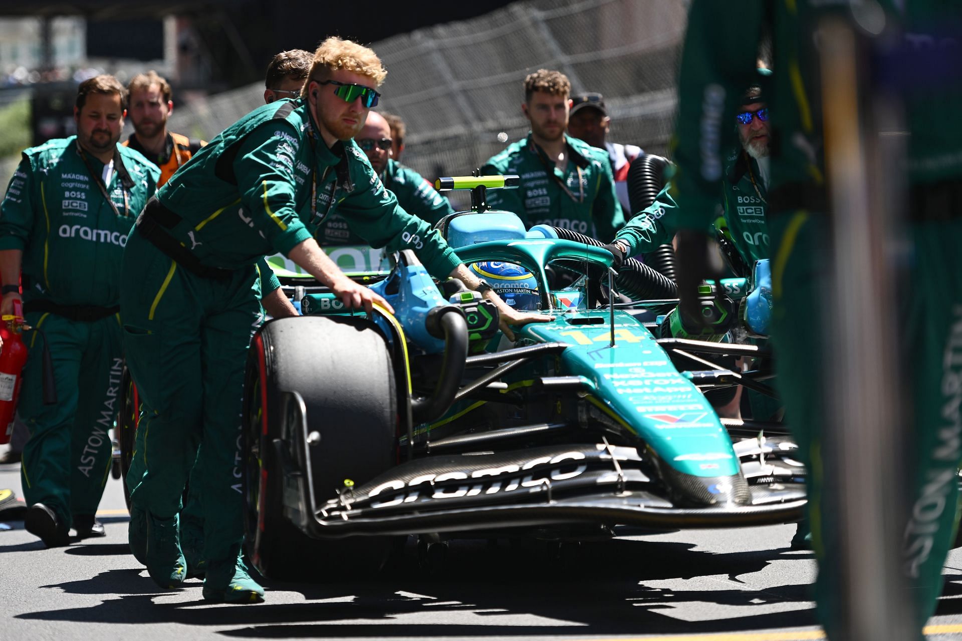 Fernando Alonso (14) Aston Martin F1 Team AMR25 Mercedes arrives on the Monaco grid. Source: Getty